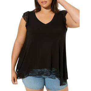 Torrid Super Soft Lace Flutter Sleeve Swing Top Hanky Hem Black Size 2 2x NWOT